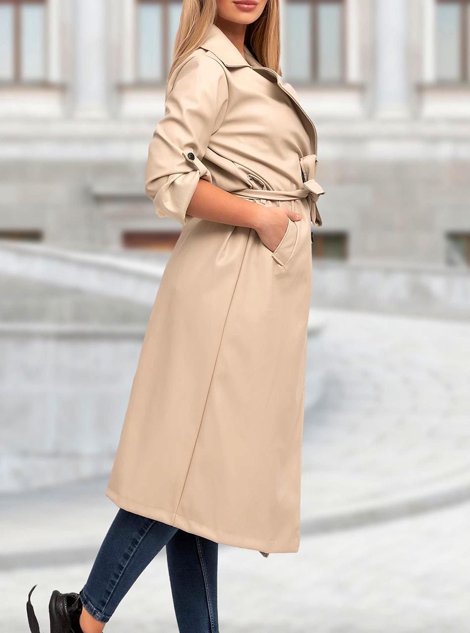 Kimbra derekán kötős bőrhatású kabát (bézs)