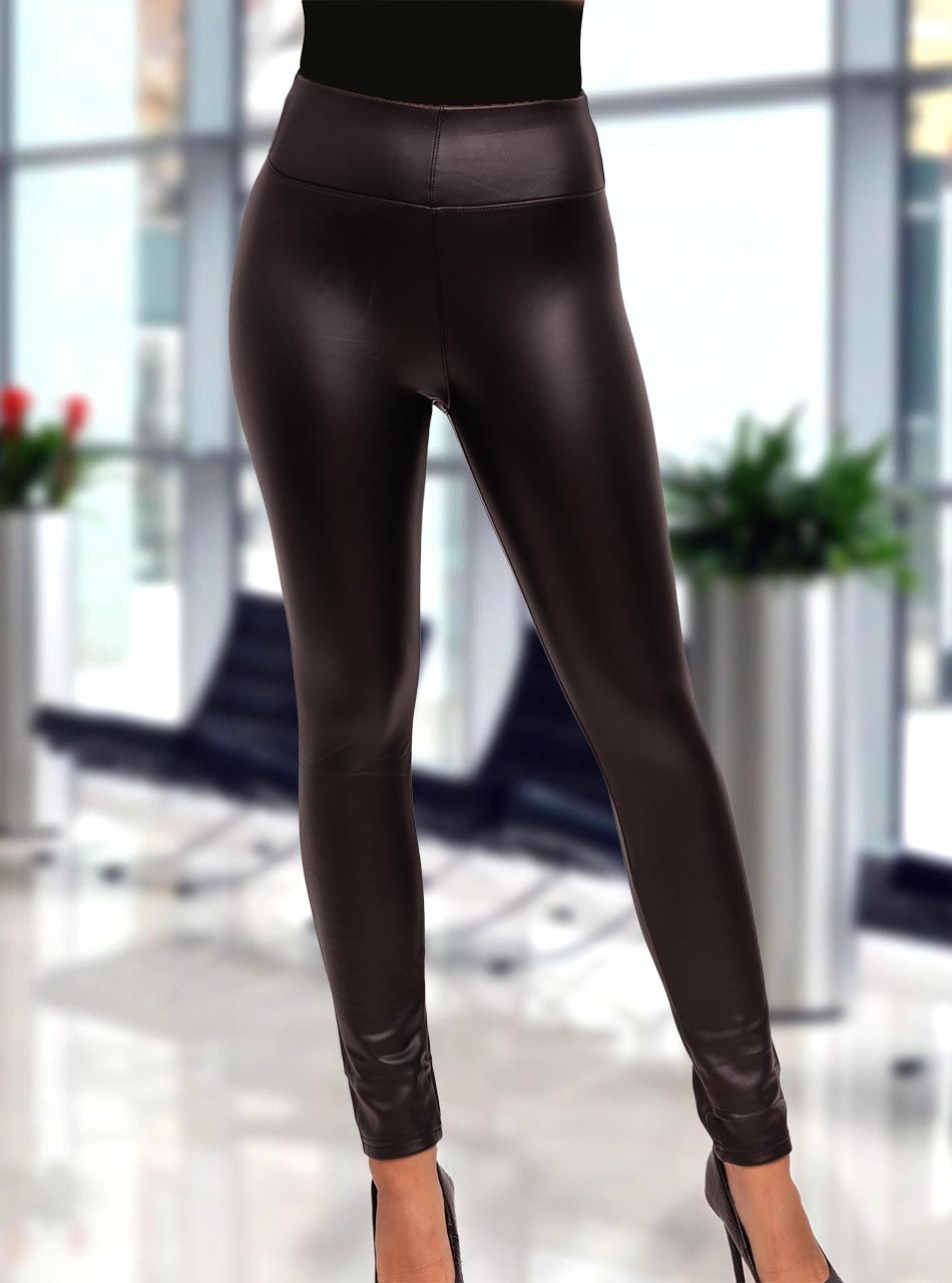 Magasított derekú, bélelt bőrhatású leggings (fekete)