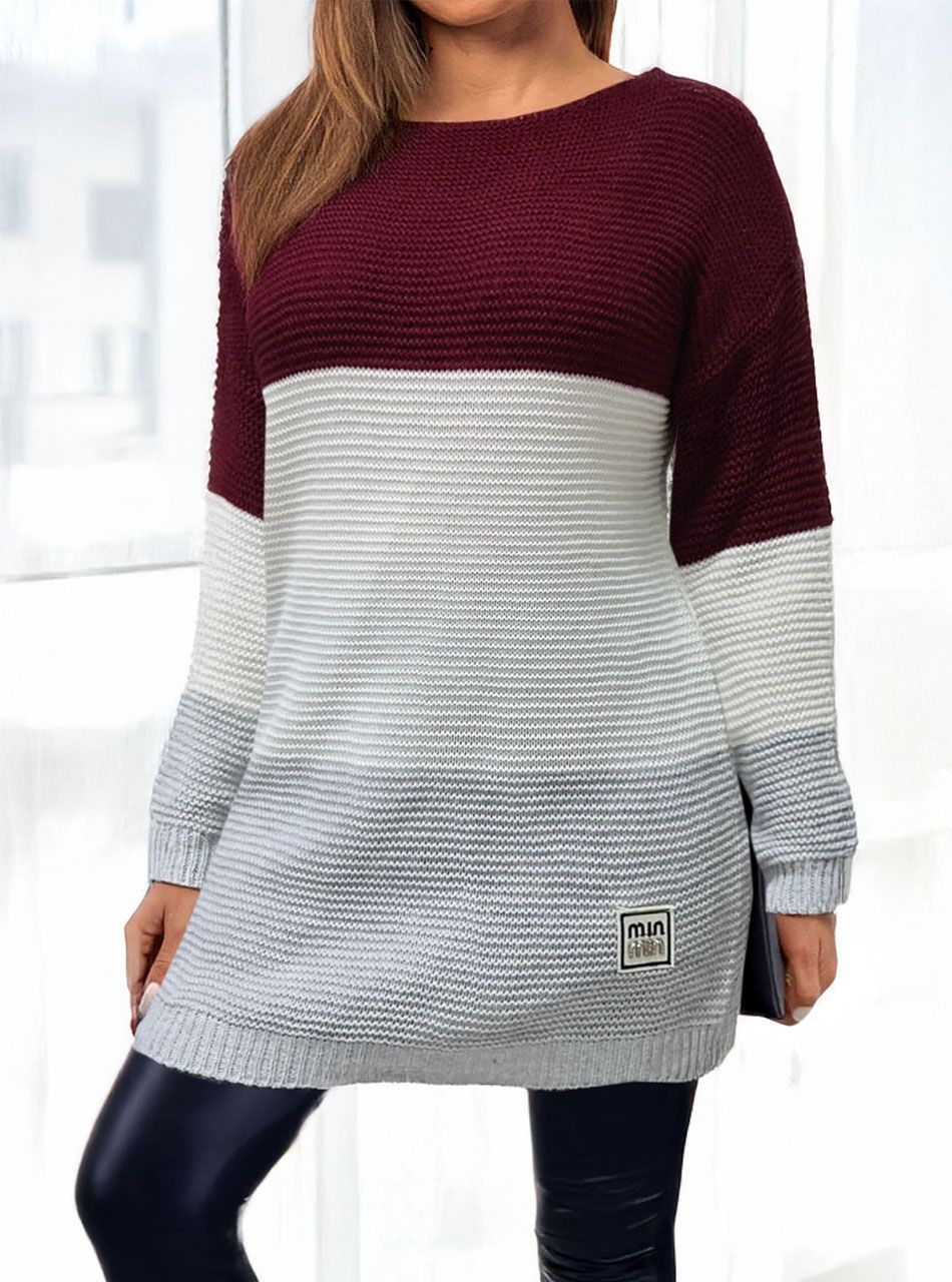 Háromszínű kötött tunika (bordó-krém-szürke)