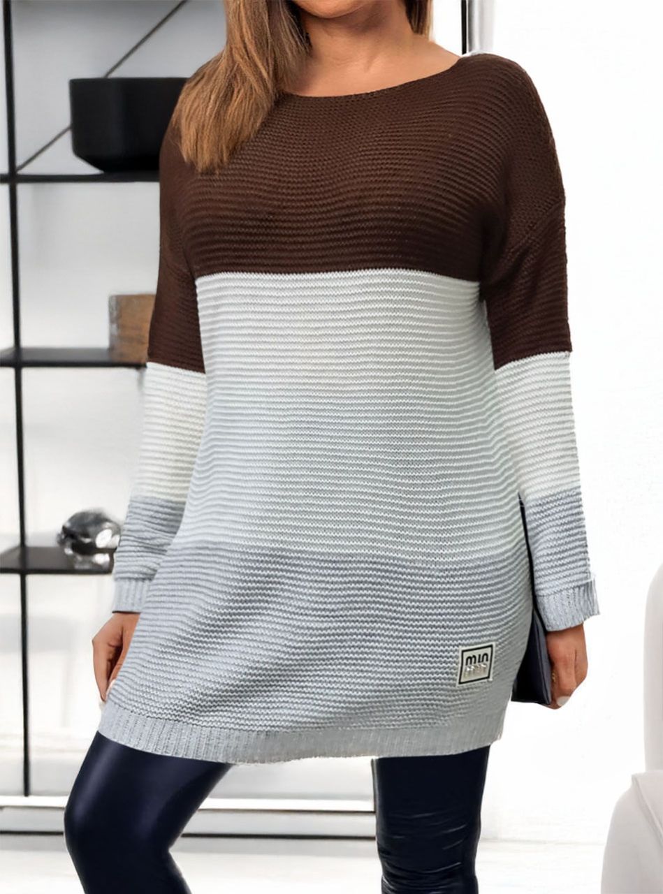 Háromszínű kötött tunika (csokibarna-krém-szürke)
