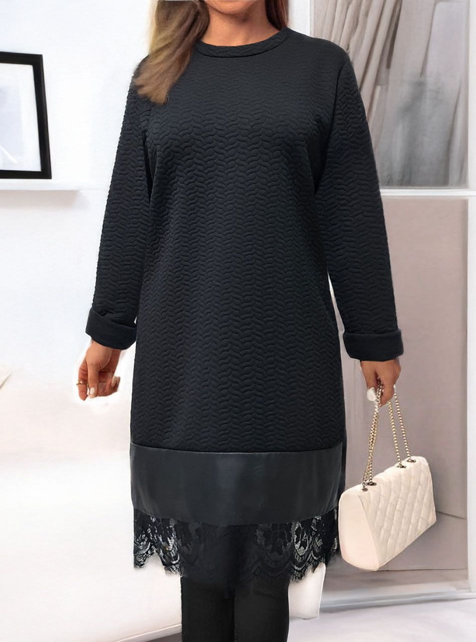 Anyagában mintás, bőrbetétes, csipkés aljú ruha (fekete)