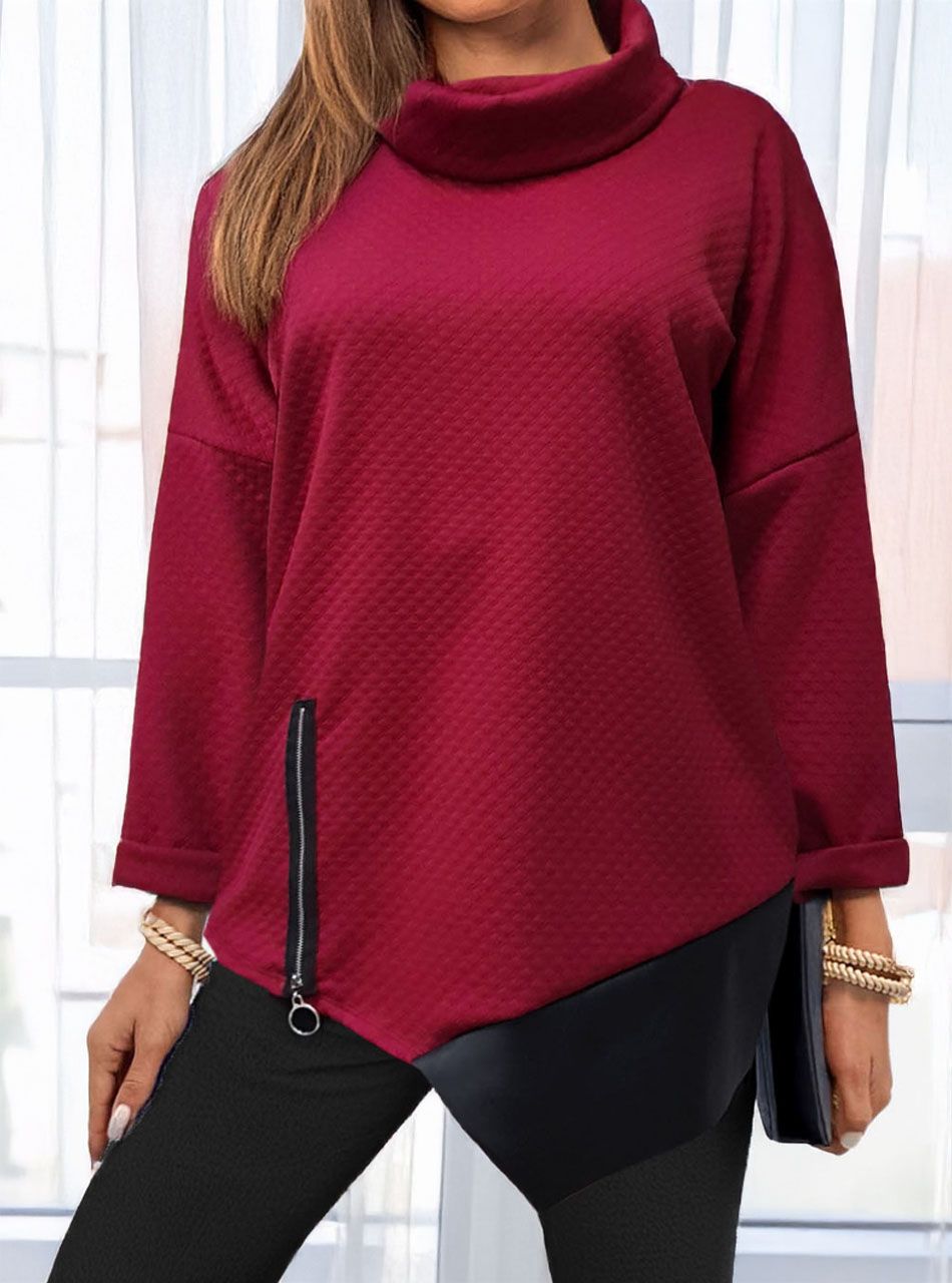 Asszimetrikus aljú, anyagában mintás bőrbetétes felső (bordó)