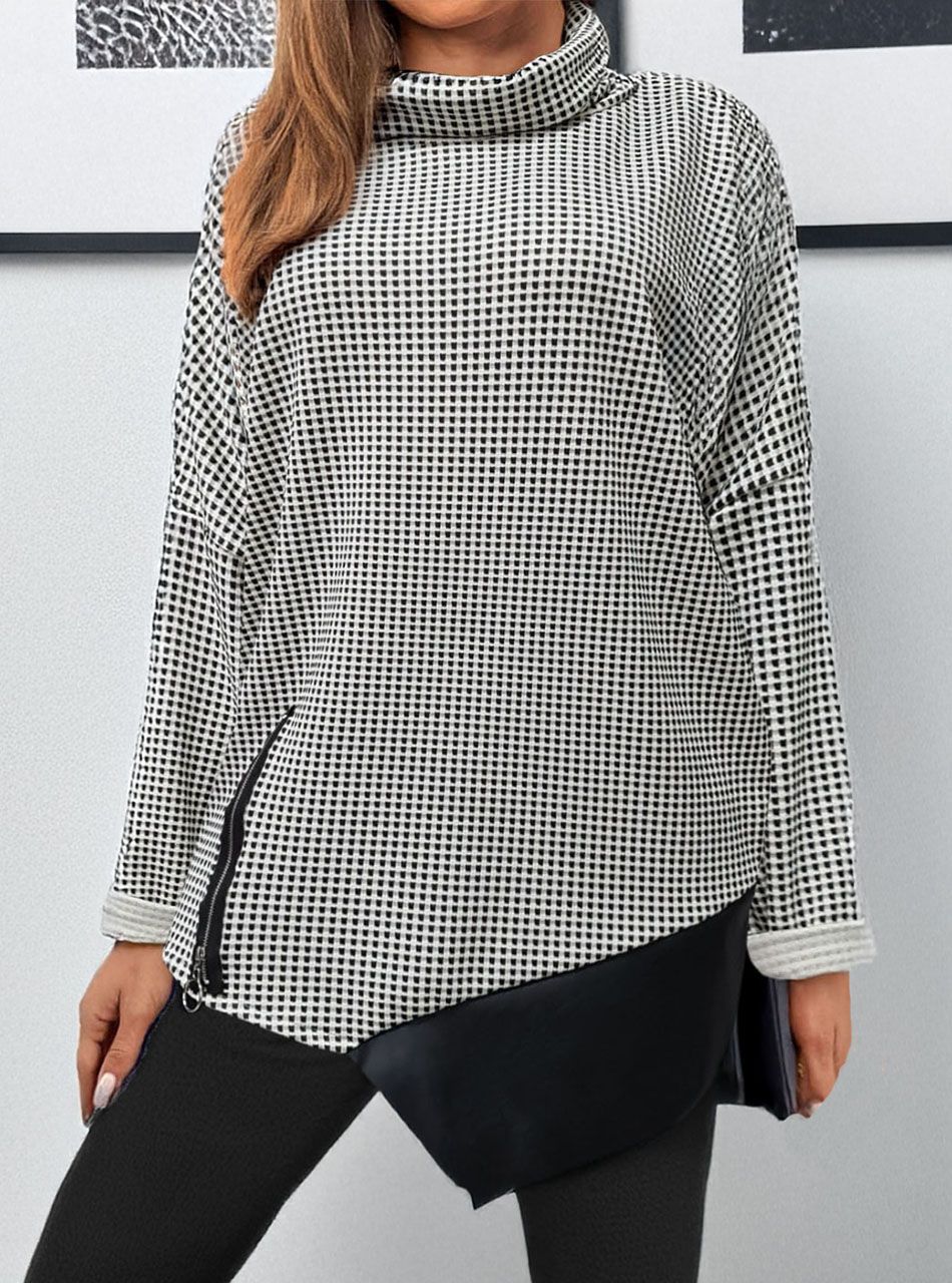 Asszimetrikus aljú, bőrbetétes felső (fekete-fehér)