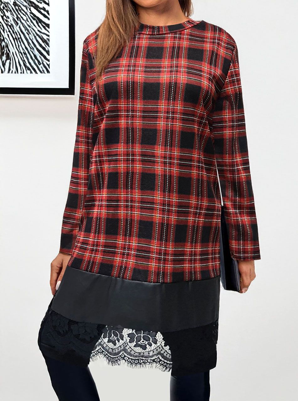 Mintás, bőrbetétes, csipkés aljú ruha