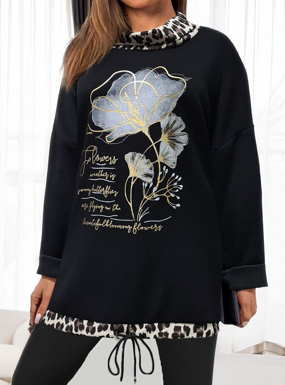 Virág mintás, alján húzható tunika (fekete)