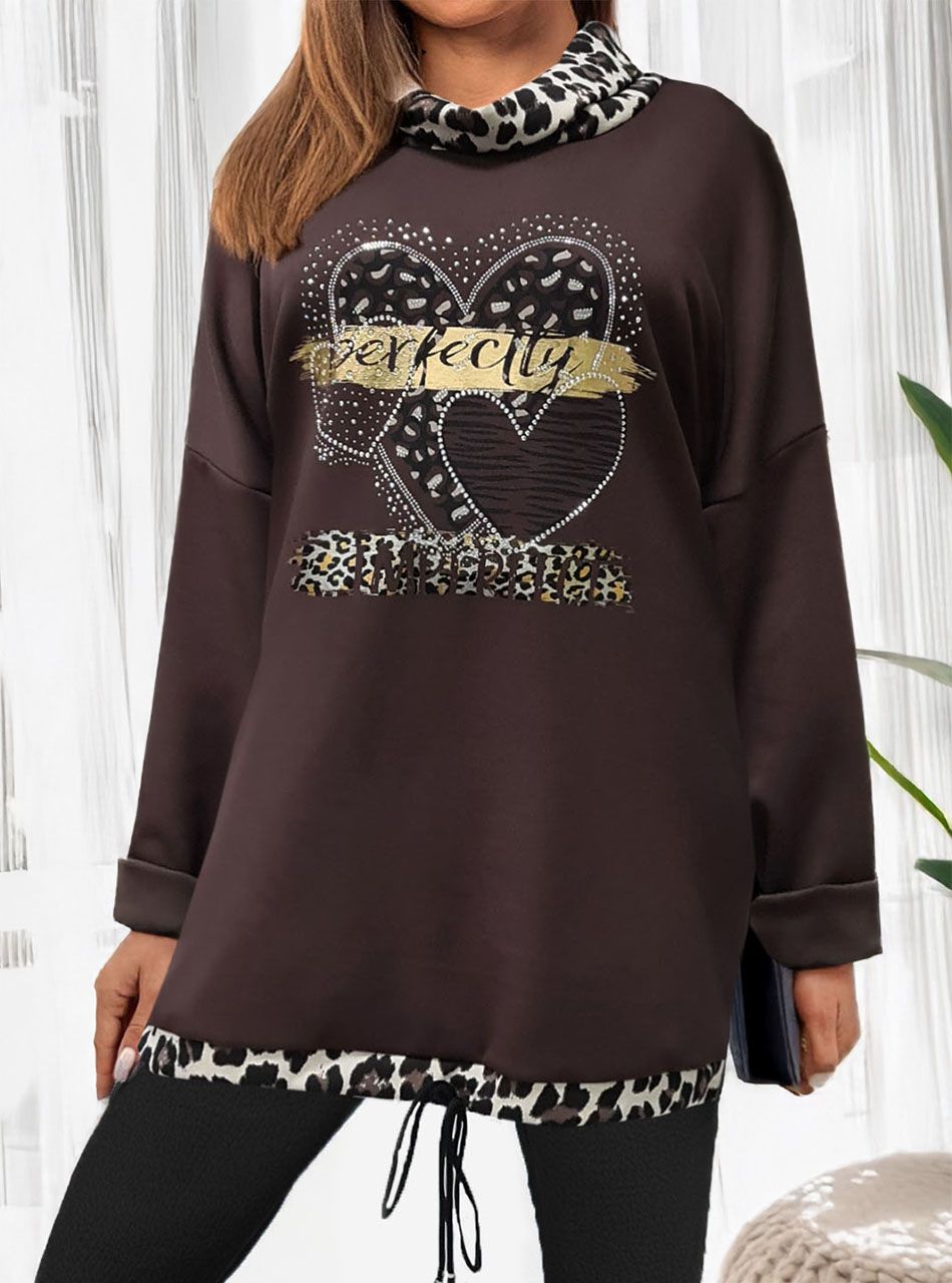 Mintás-feliratos, alján húzható tunika (csokibarna)