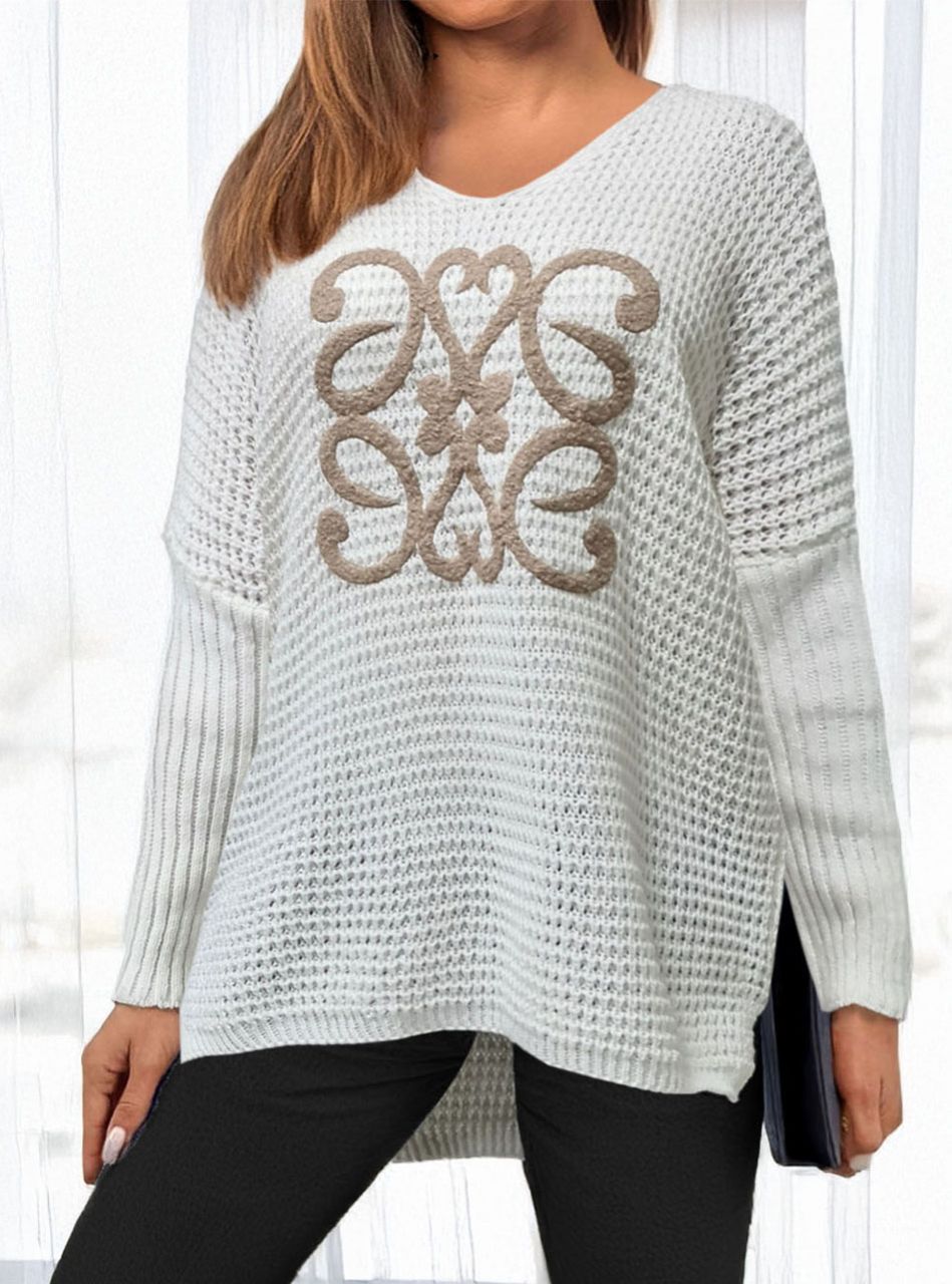 V kivágású, mintás kötött felső (krém)