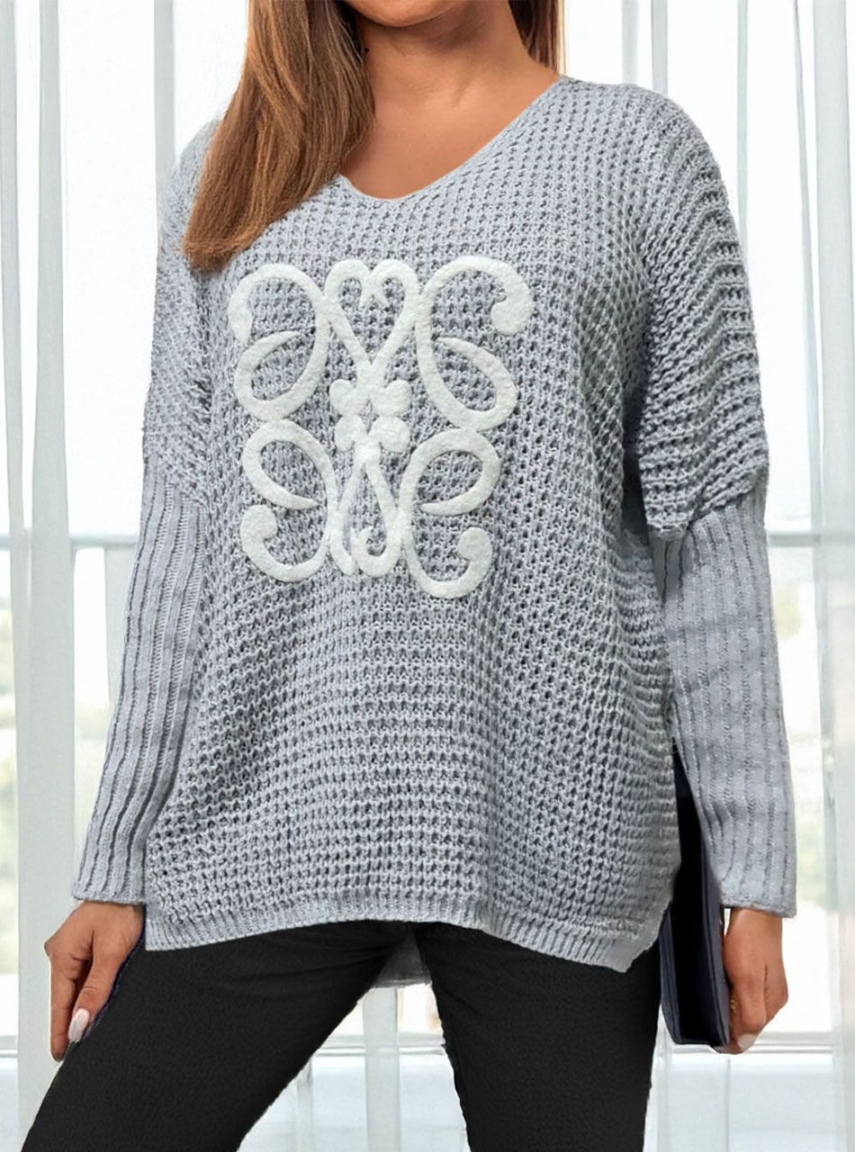 V kivágású, mintás kötött felső (szürke)