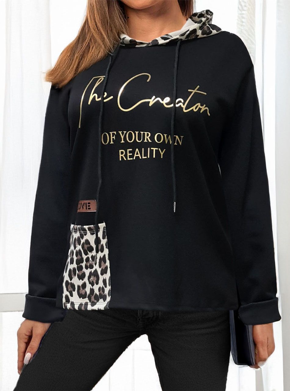 Elöl zsebes, kapucnis-feliratos felső (fekete)