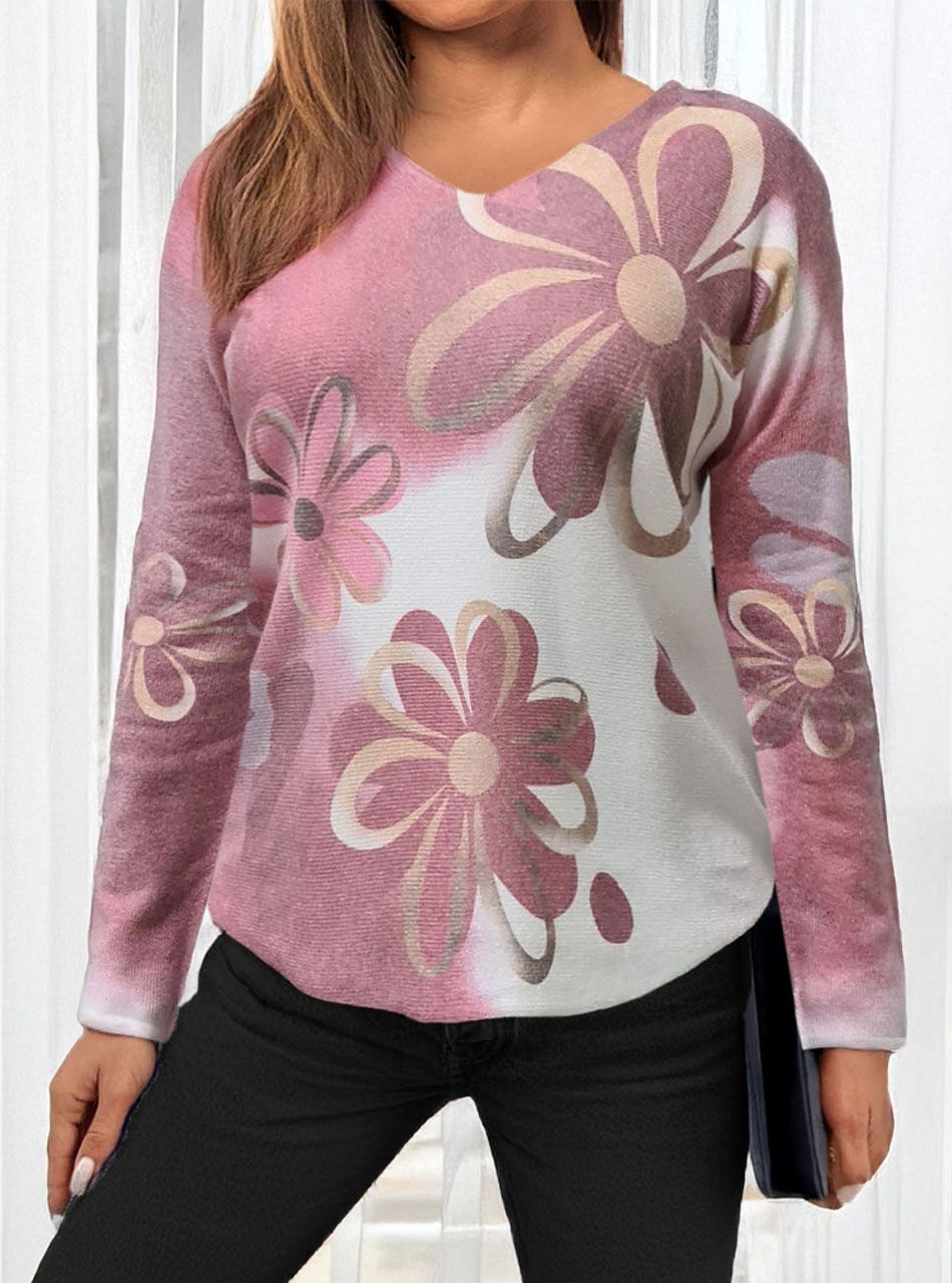 V nyakú, virág mintás puha felső (eper)