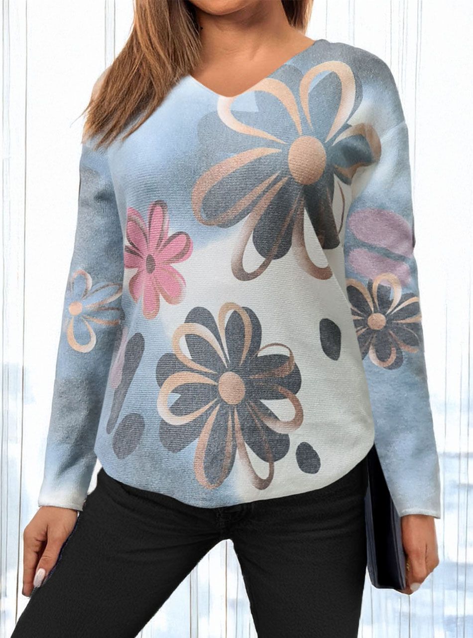 V nyakú, virág mintás puha felső (kék)