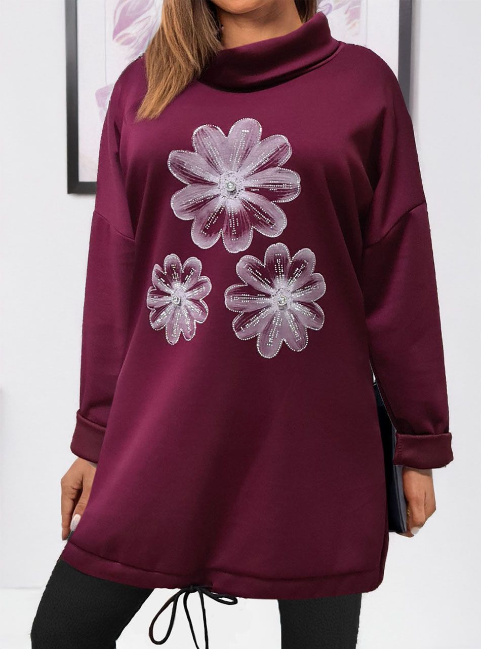 Strasszos, virág mintás tunika (bordó)