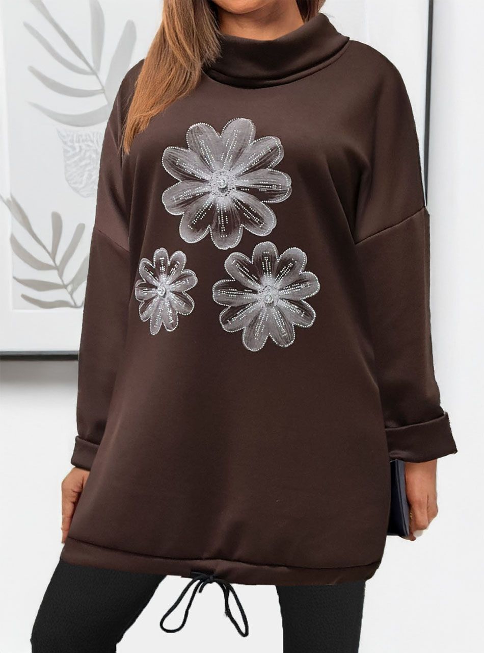 Strasszos, virág mintás tunika (csokibarna)