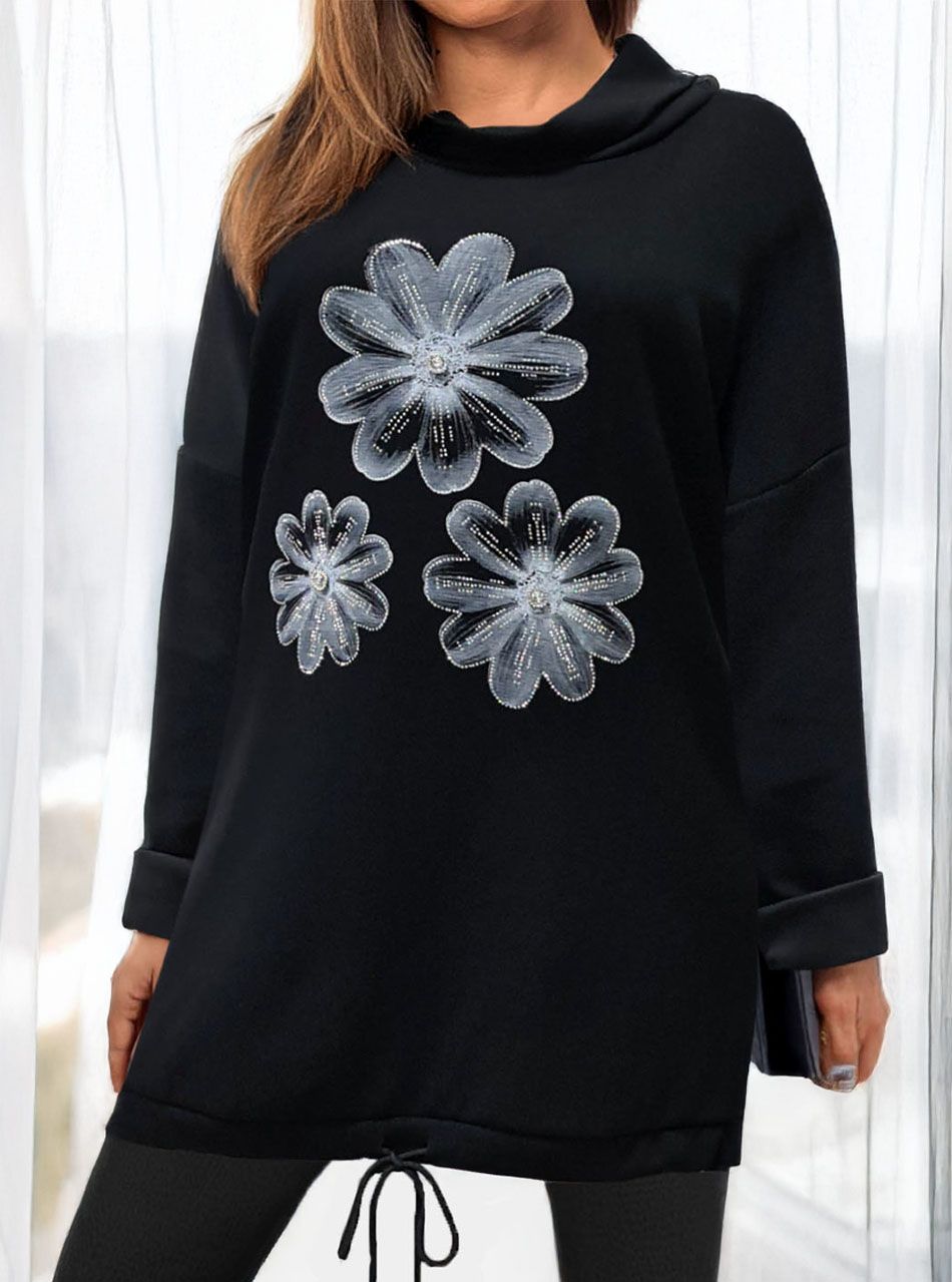 Strasszos, virág mintás tunika (fekete)