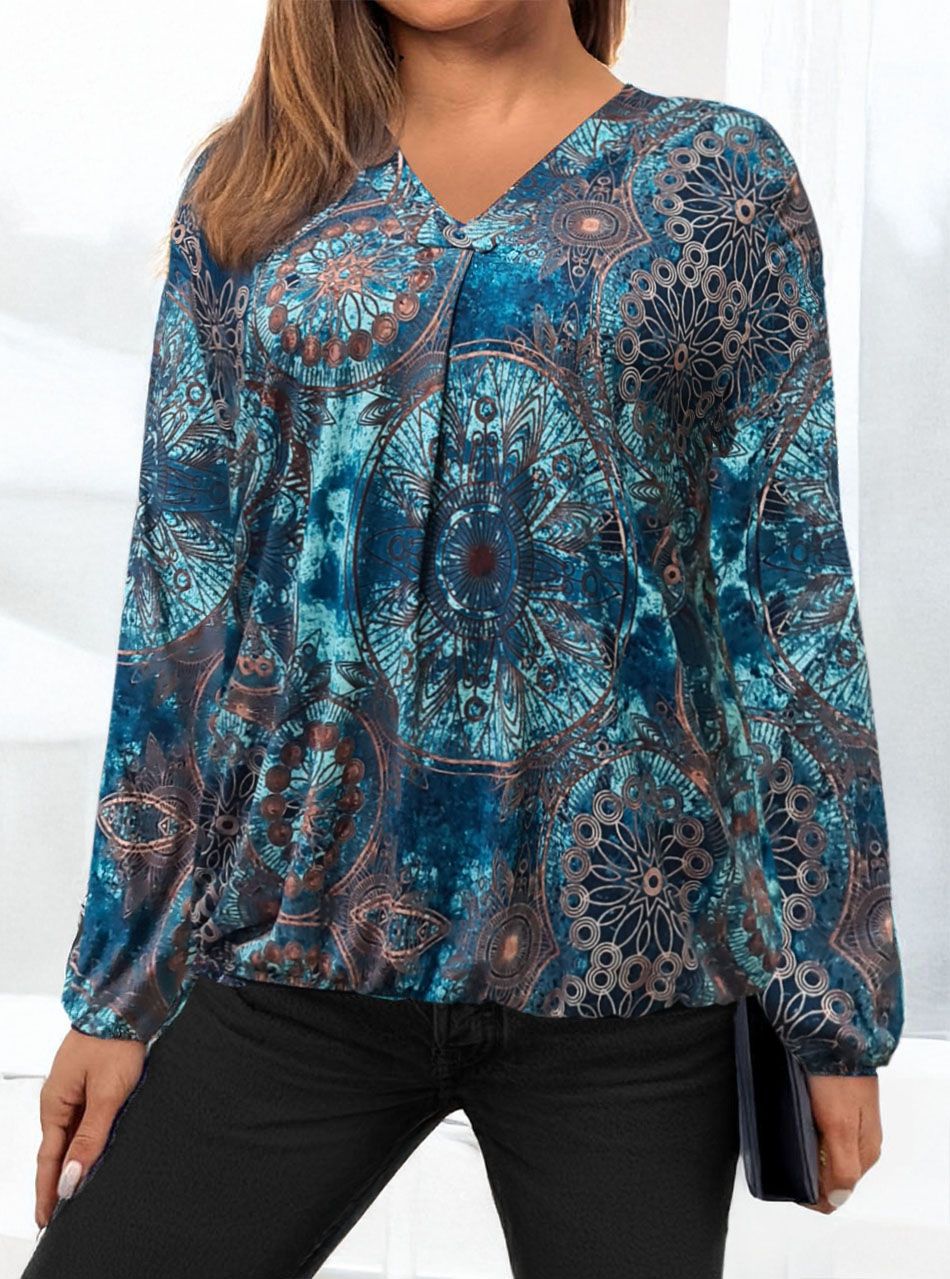 Alján ,ujján gumírozott, V kivágású mintás felső VII.