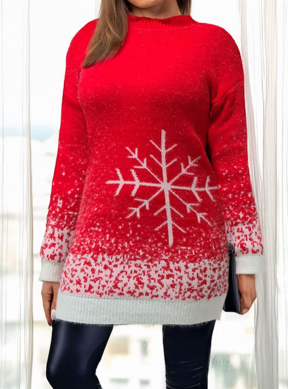 Karácsonyi mintás, csillámos kötött tunika (piros)