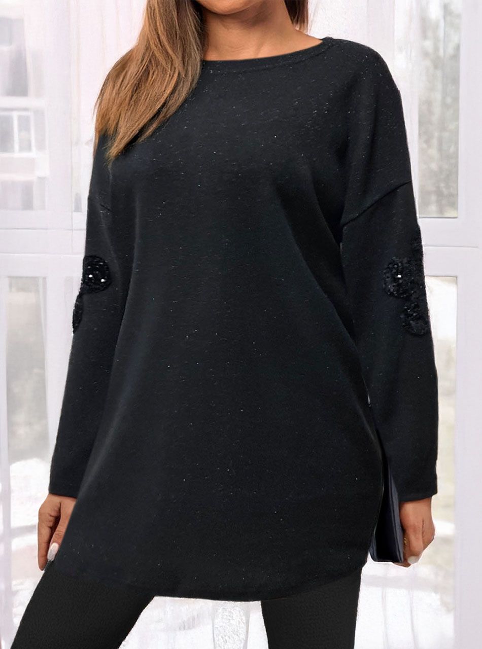 Ujján virágdíszes, csillámos tunika (fekete)