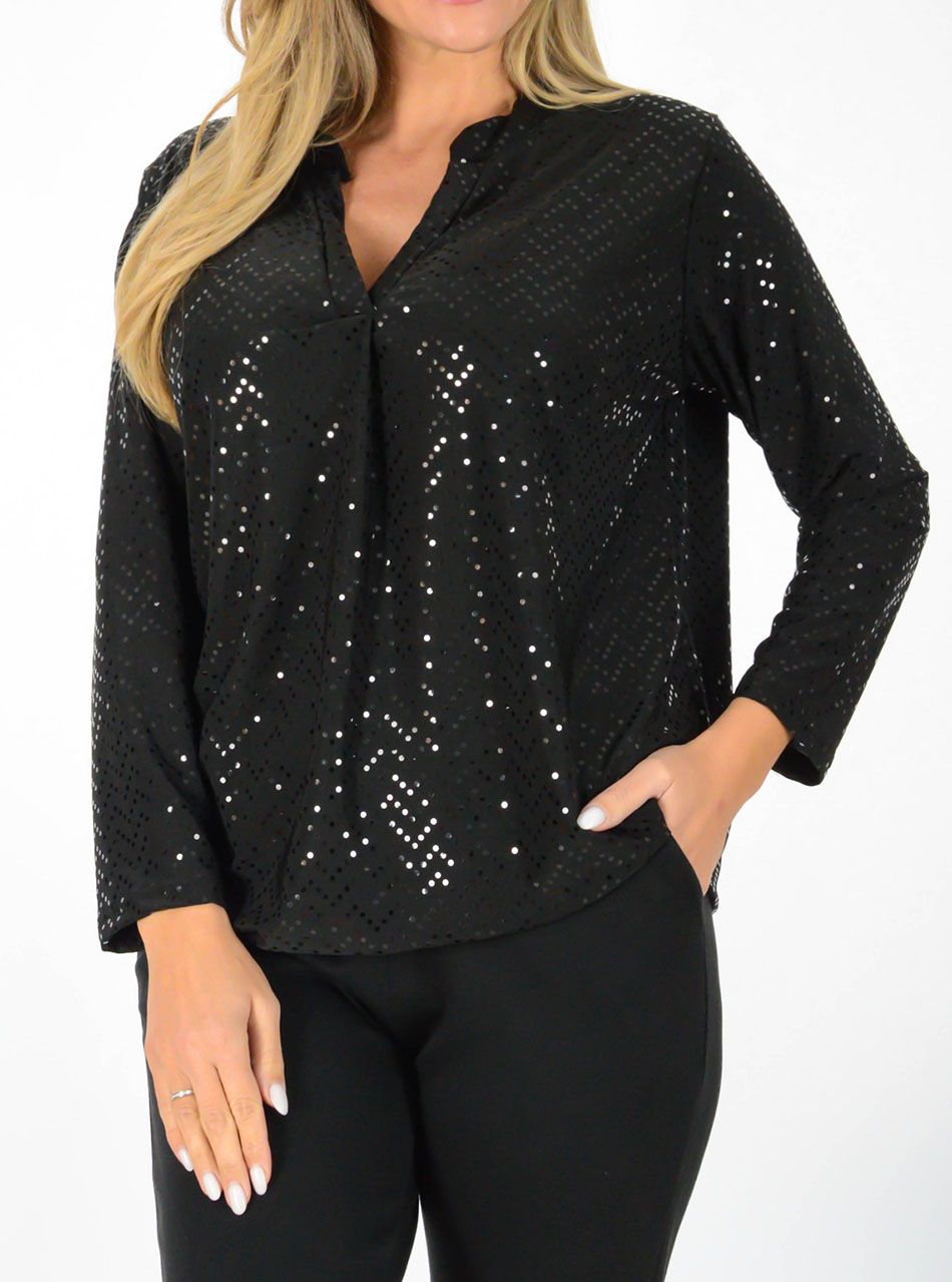 YesStory V nyakú, gumis aljú csillámos felső (fekete)