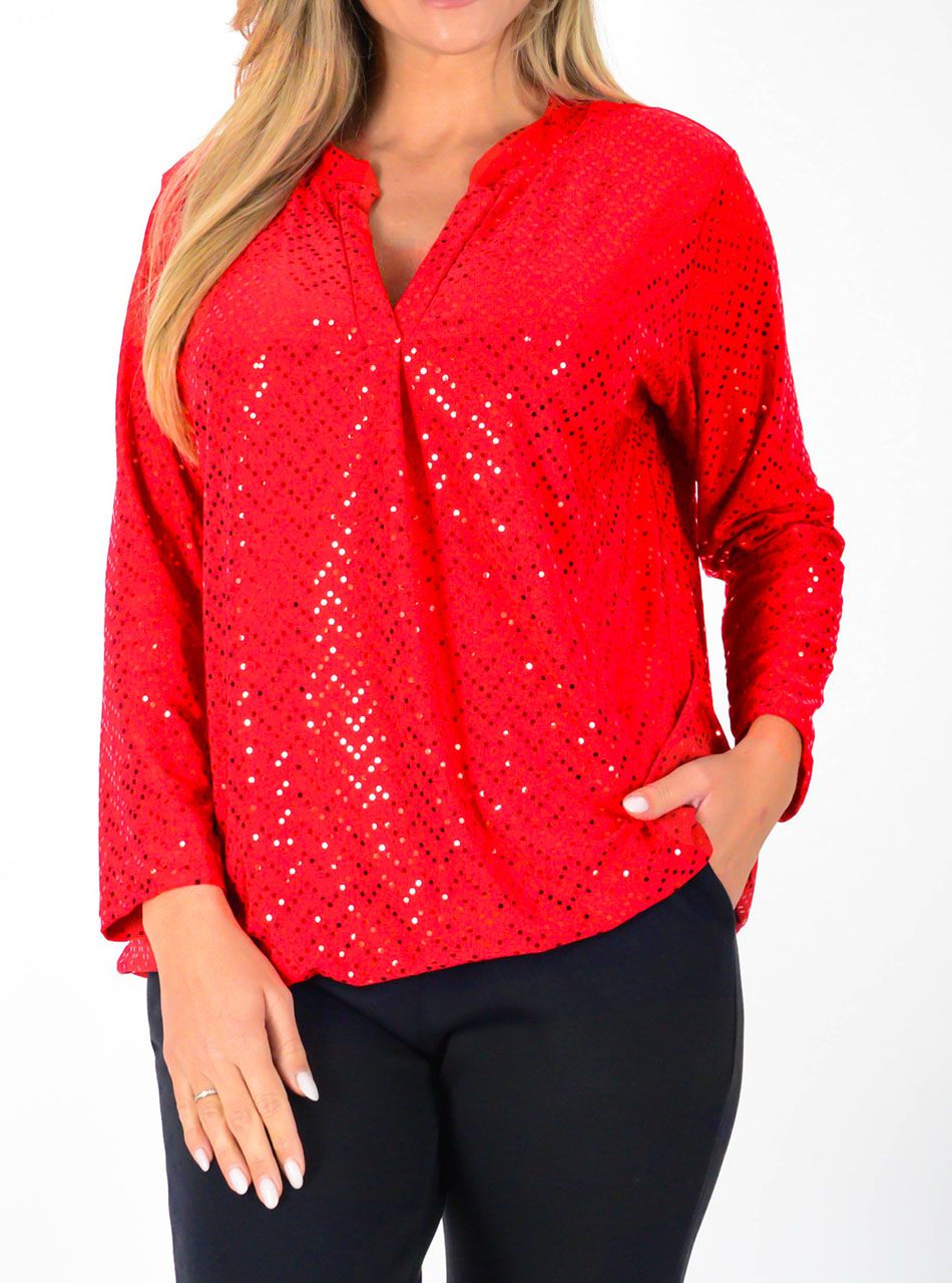 YesStory V nyakú, gumis aljú csillámos felső (piros)