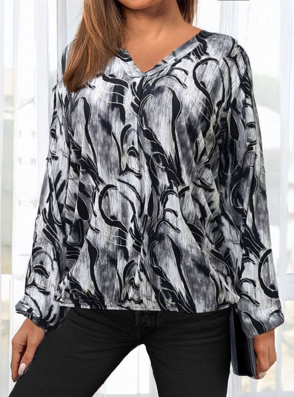 Alján ,ujján gumírozott, V kivágású mintás felső V.