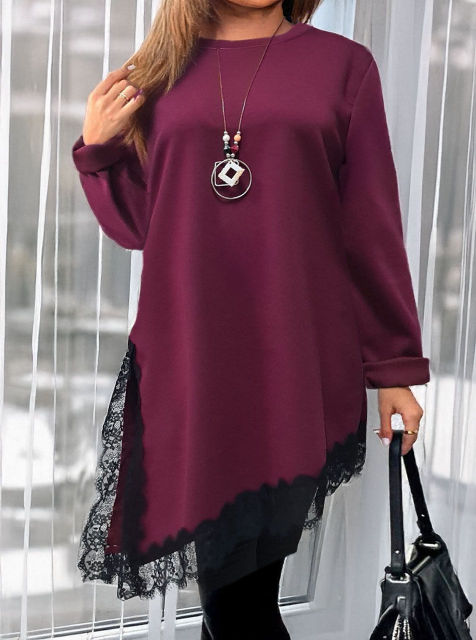 Aszimmetrikus aljú, csipkés tunika nyaklánccal (bordó)