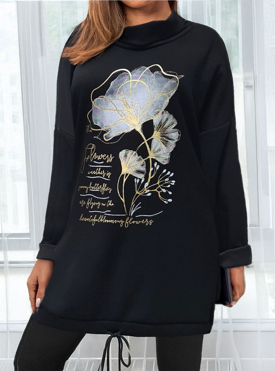 Alján húzható, virág mintás tunika (fekete)