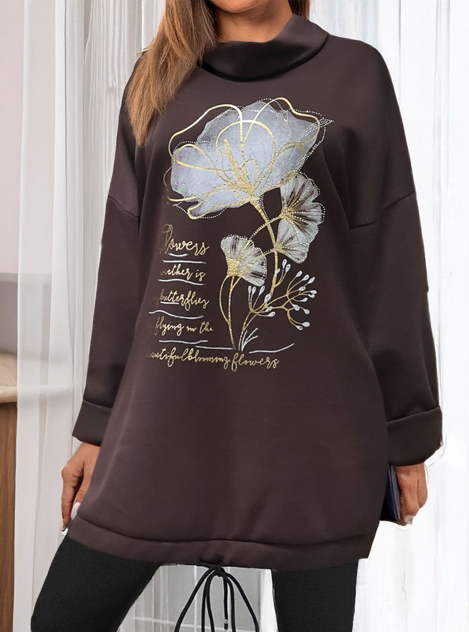 Alján húzható, virág mintás tunika (csokibarna)