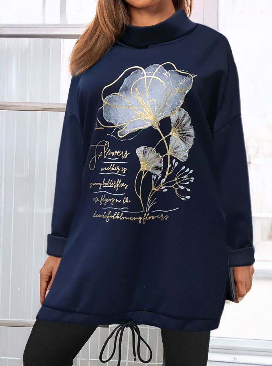 Alján húzható, virág mintás tunika (sötétkék)