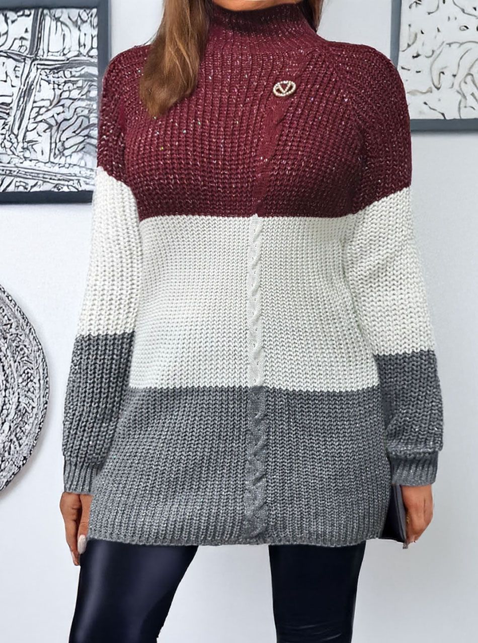 Három színű, csillámos kötött tunika (bordó-krém-szürke)