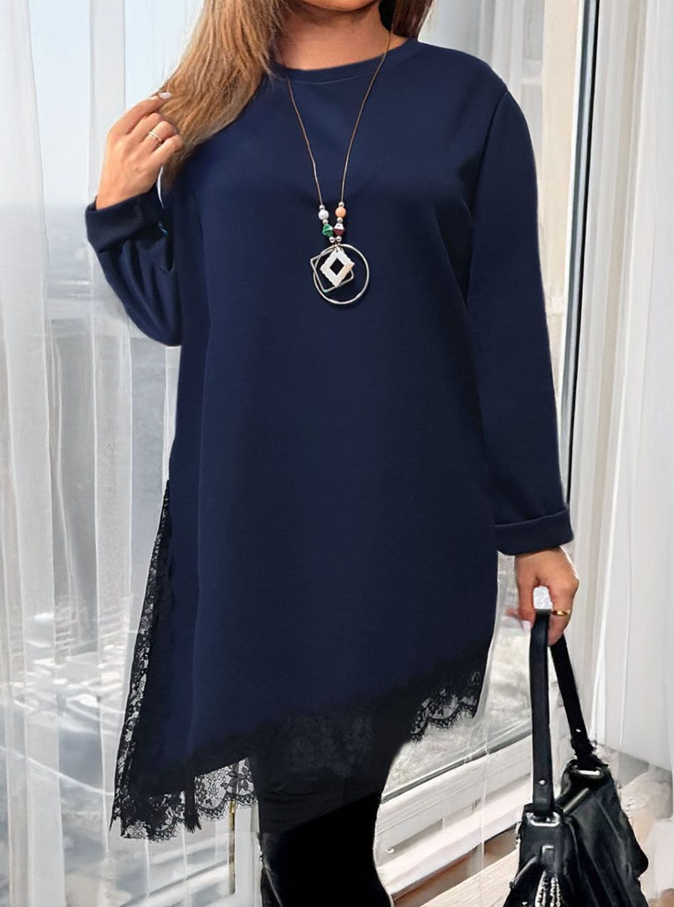 Aszimmetrikus aljú, csipkés tunika nyaklánccal (sötétkék)