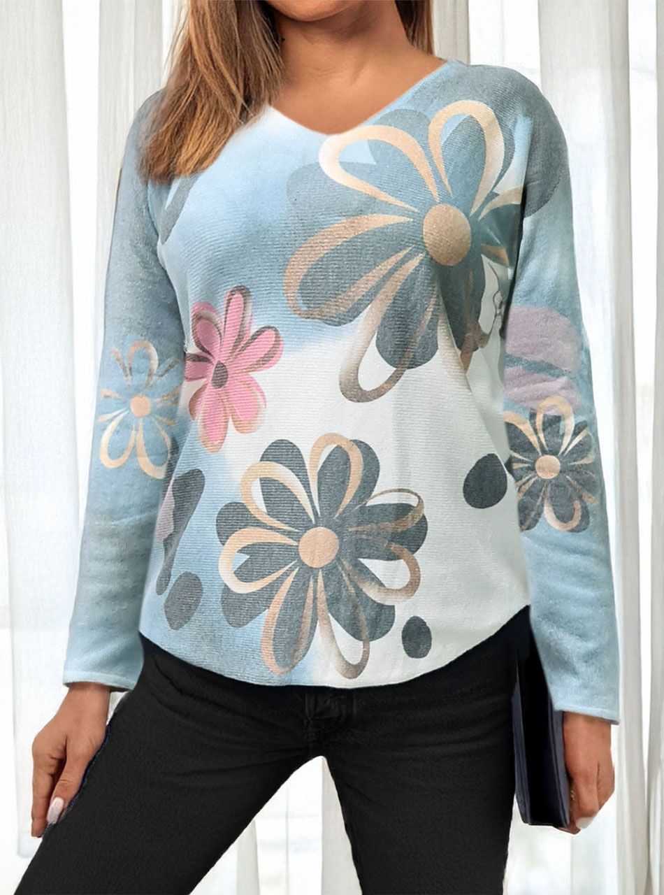 V nyakú, virág mintás puha felső (vízzöld)