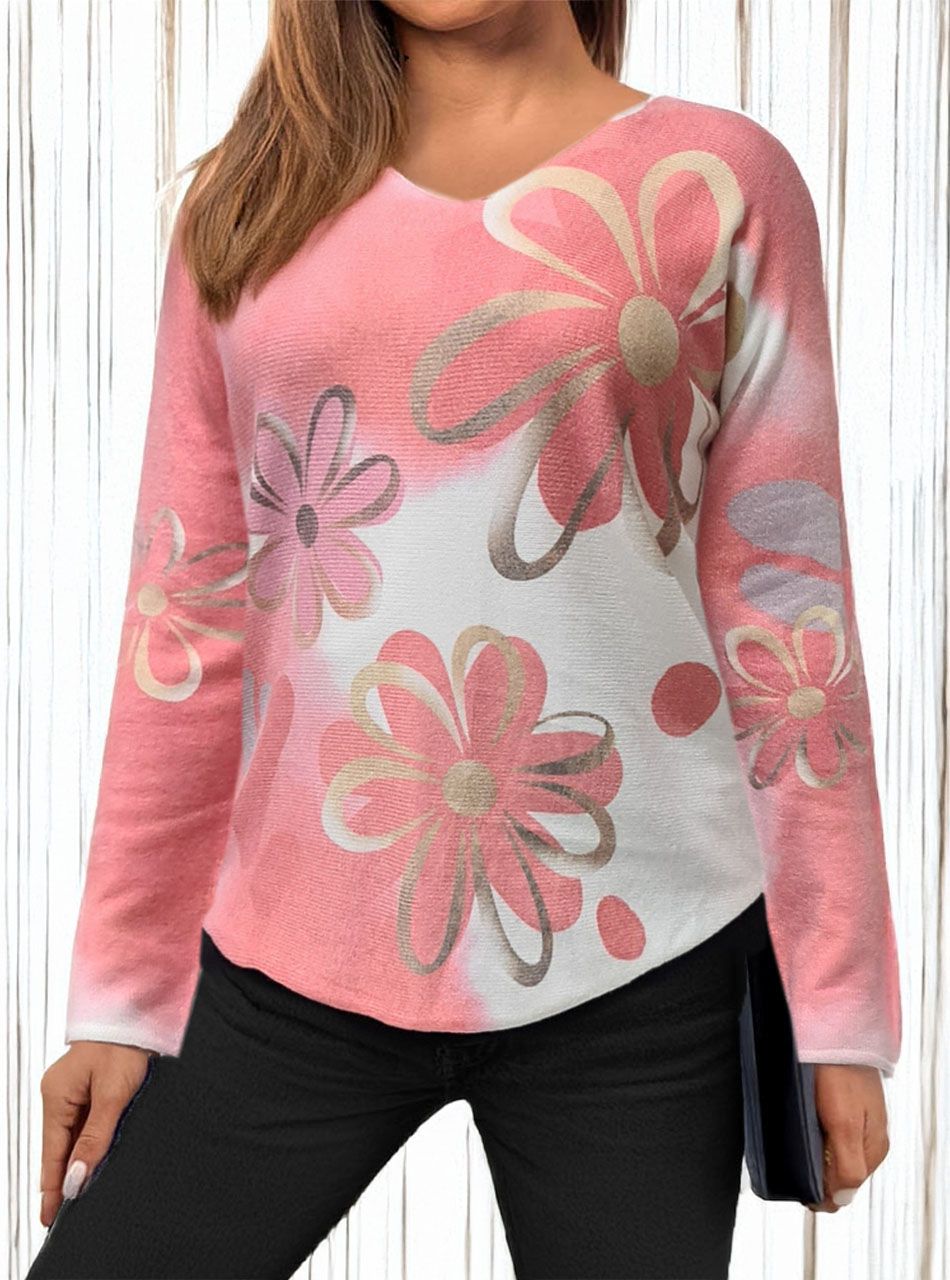 V nyakú, virág mintás puha felső (mandarin)