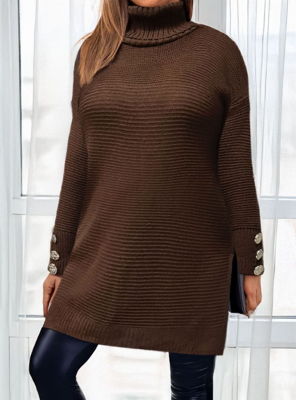 Ujján gombdíszes, kétoldalt felvágott kötött tunika (csokibarna)