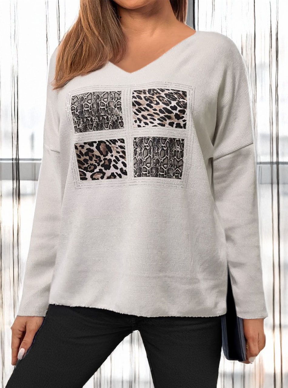 V nyakú, puha mintás felső (krém I.)