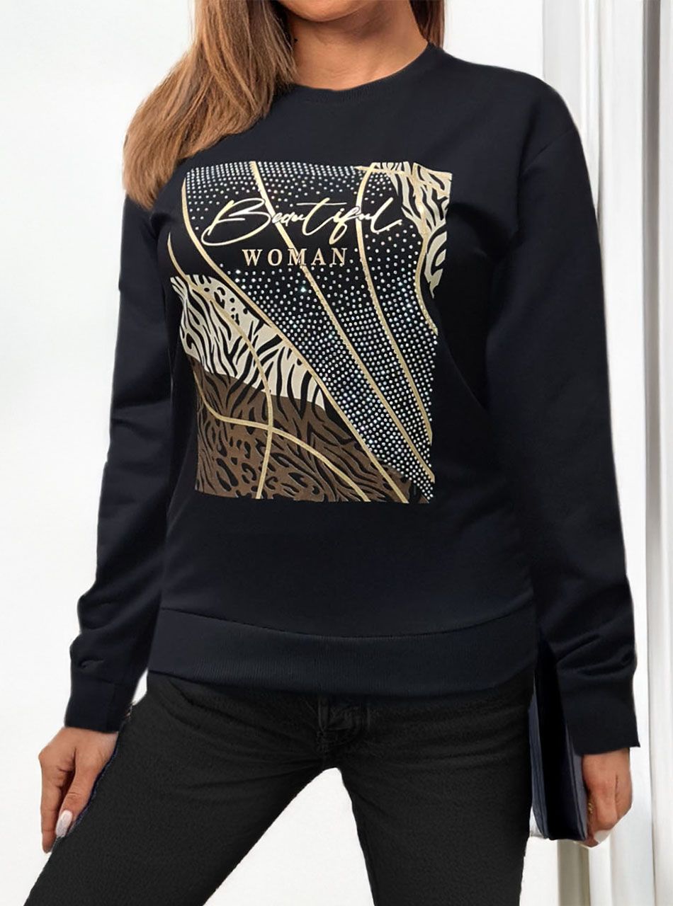 Passzés aljú, mintás strasszköves felső (fekete)