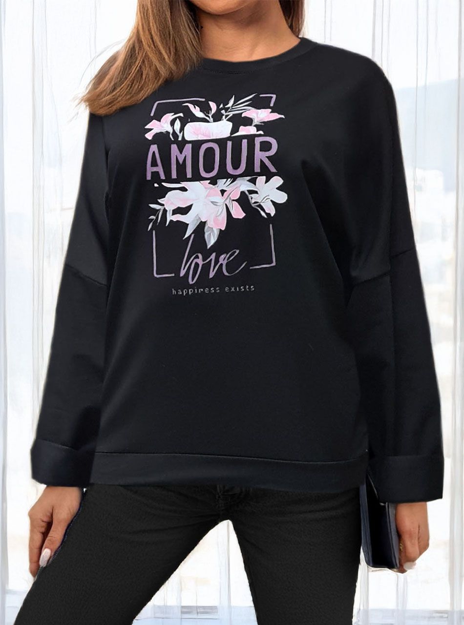 Mintás-feliratos felső (fekete)