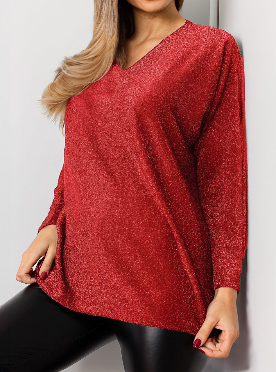 V kivágású csillámos felső (piros)