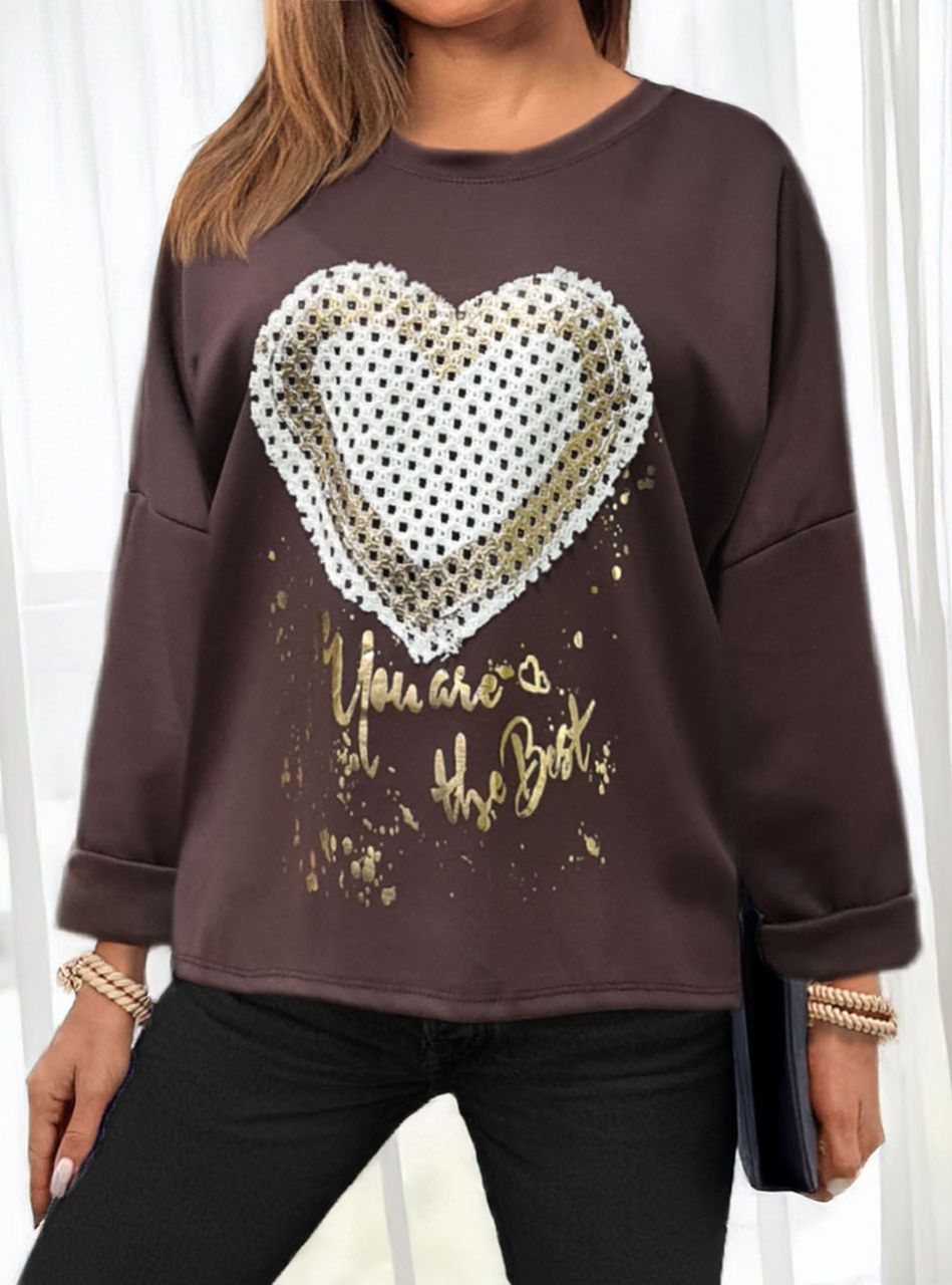 Mintás, feliratos laza felső (csokibarna) 