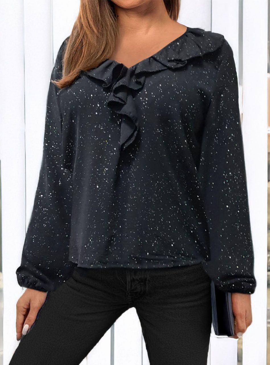 Ujján gumírozott, fodros nyakú csillámos felső (fekete)