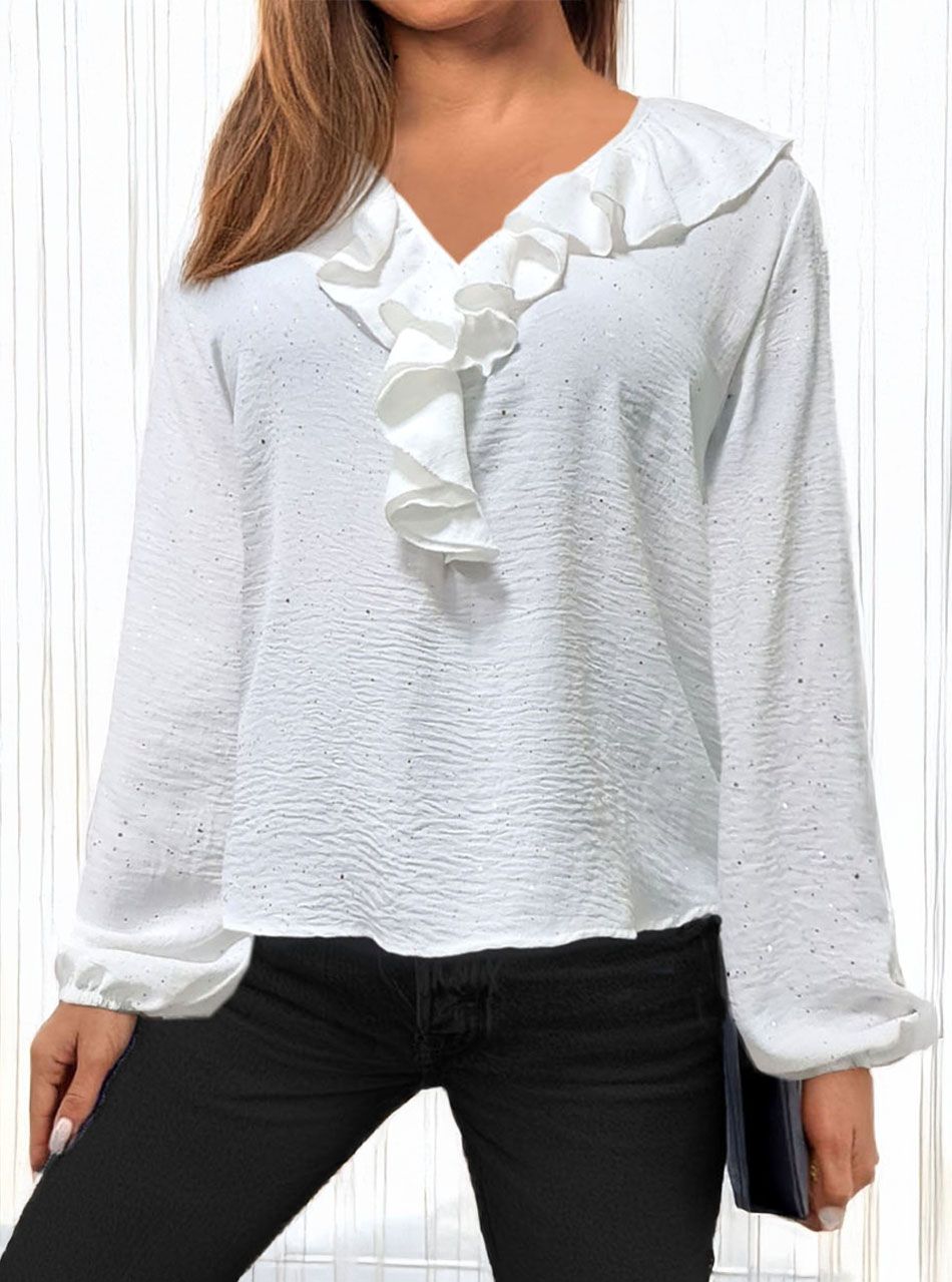 Ujján gumírozott, fodros nyakú csillámos felső (fehér)