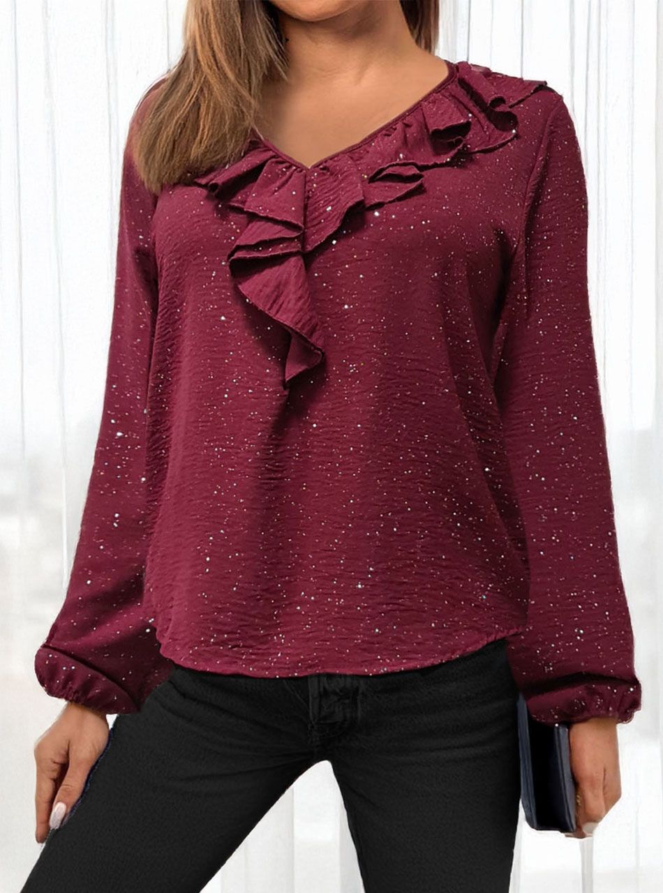 Ujján gumírozott, fodros nyakú csillámos felső (bordó)