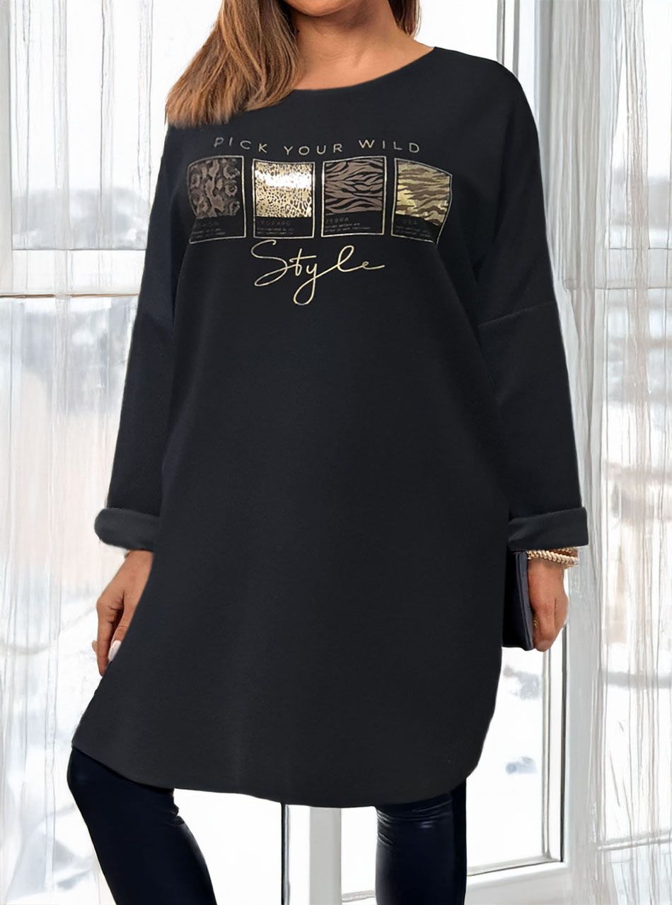 Nyomott mintás, zsebes ruha (fekete)