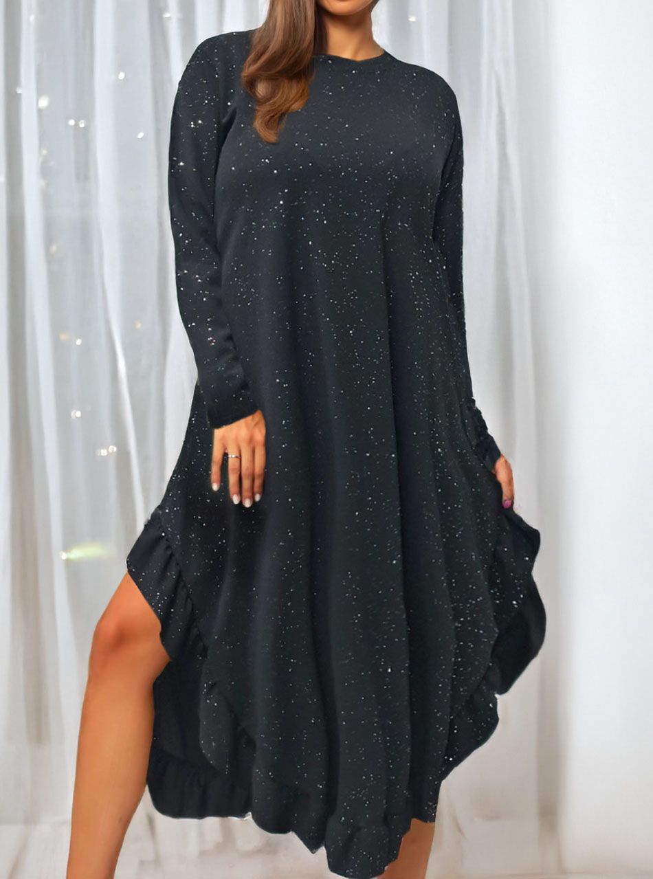 Fodros aljú, csillámos ruha (fekete)