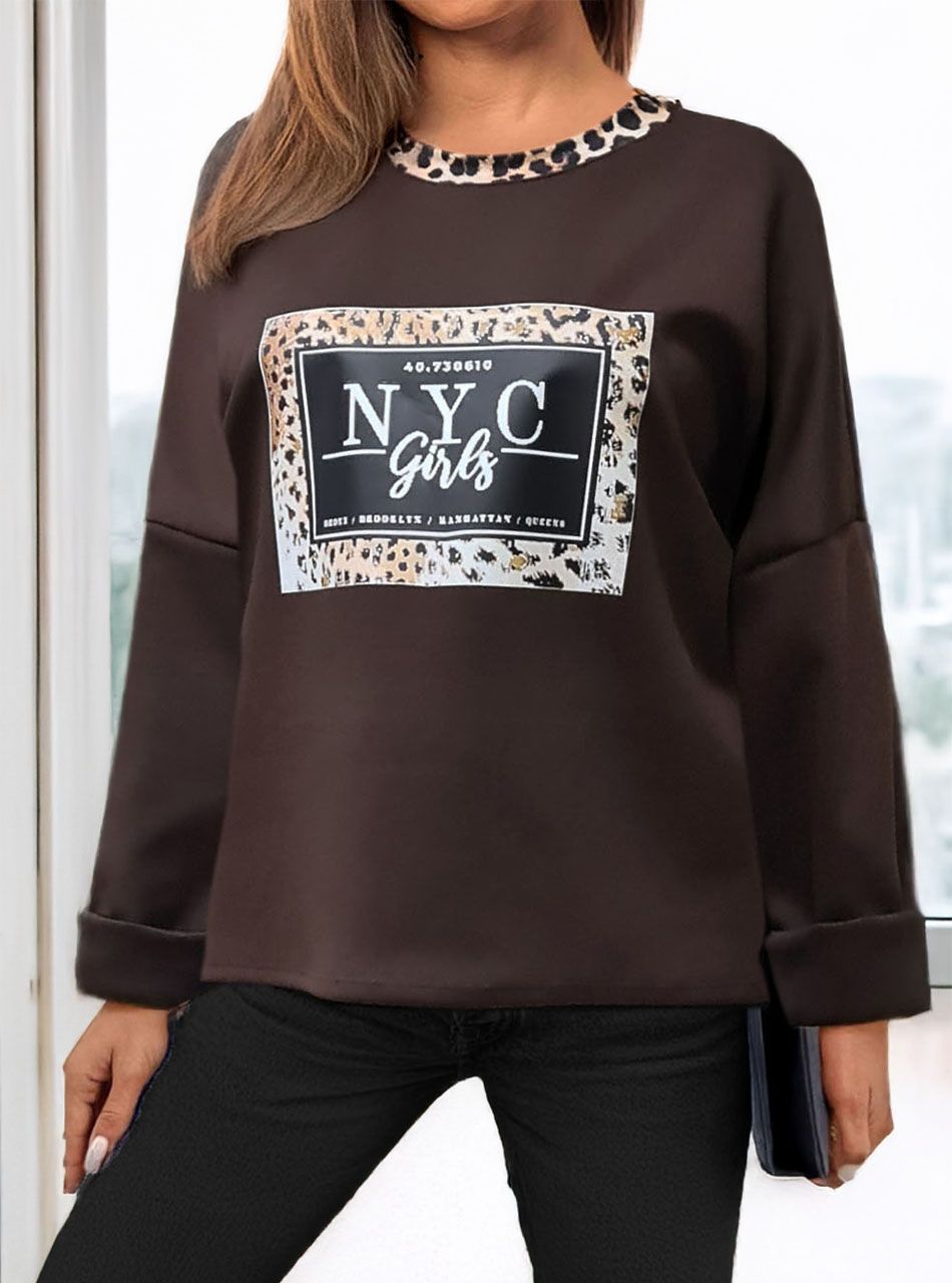 NYC feliratos, mintás felső (kerek nyakú-csokibarna)