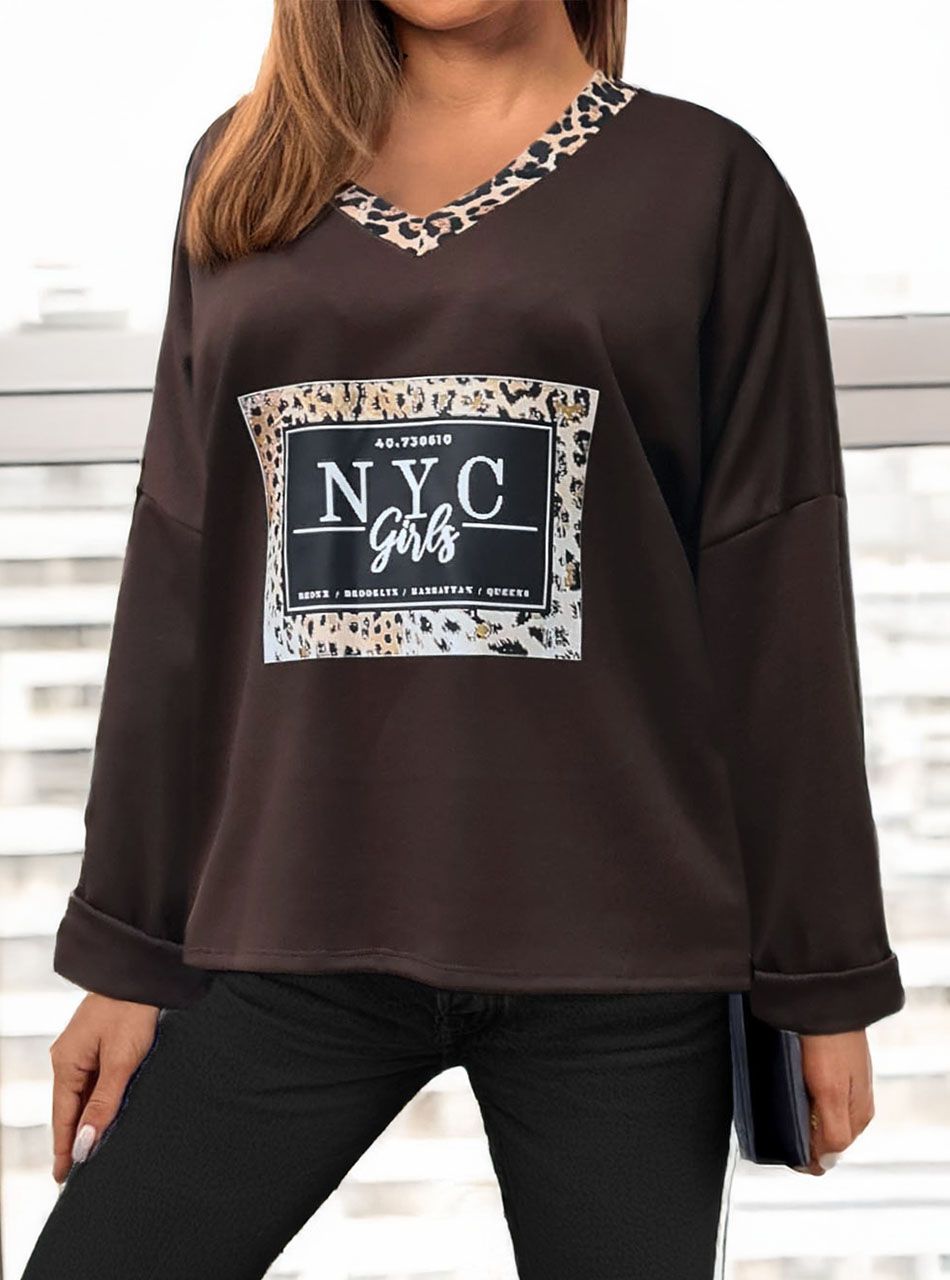 NYC feliratos, mintás felső (V nyakú-csokibarna)