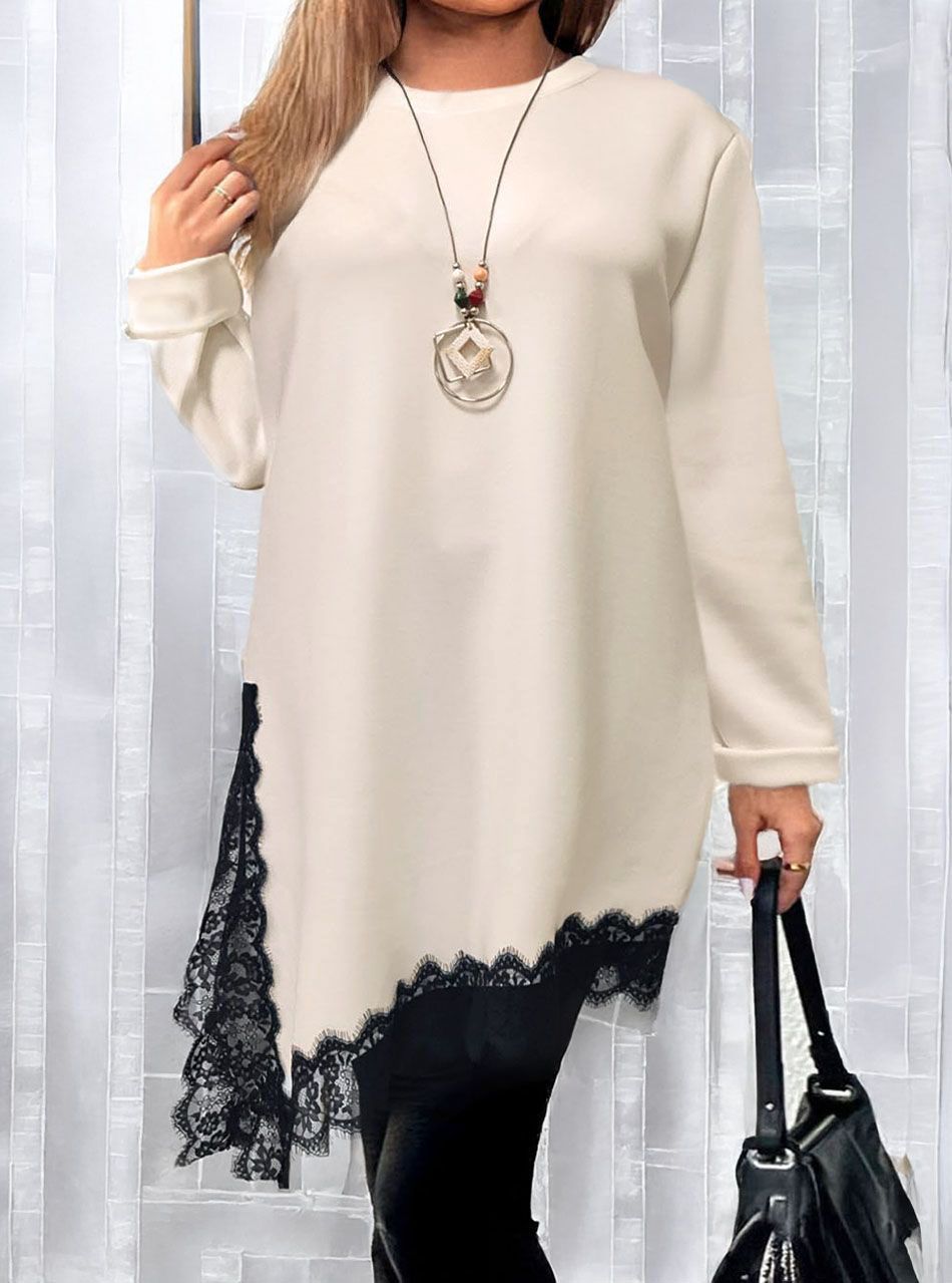 Aszimmetrikus aljú, csipkés tunika nyaklánccal (bézs)