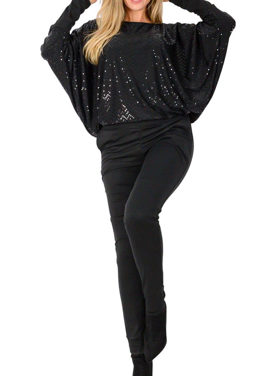 YesStory, denevér ujjú csillámos overál  (fekete)