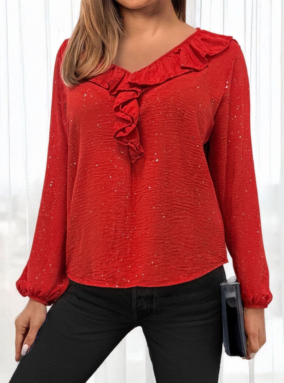 Ujján gumírozott, fodros nyakú csillámos felső (piros)