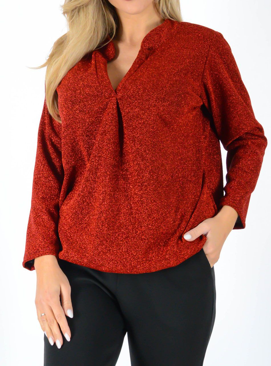 YesStory V nyakú, lurexes gumis aljú felső (piros)