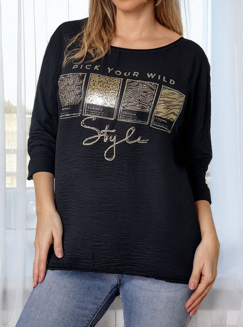 Strasszos, mintás-feliratos felső (fekete)